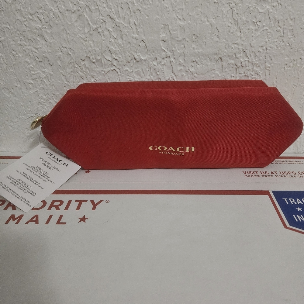Coach Fragrance Red Toiletry Bag Zippered Pouch Gold Heart Pull